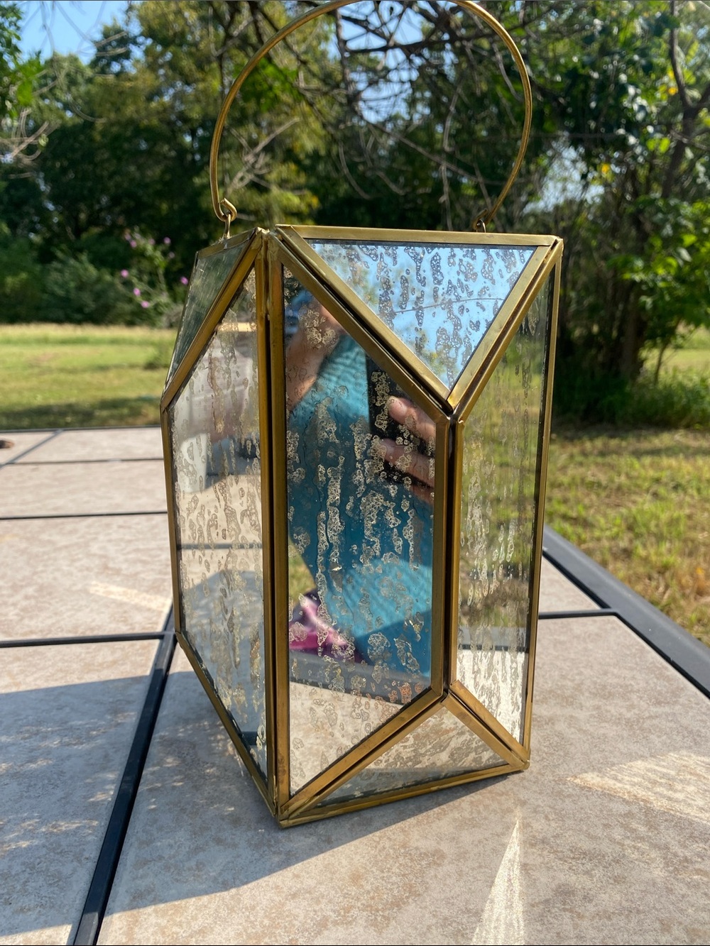Antiqued Brass-Plated Metal Frame & Geometric Mercury Glass Panels Lantern